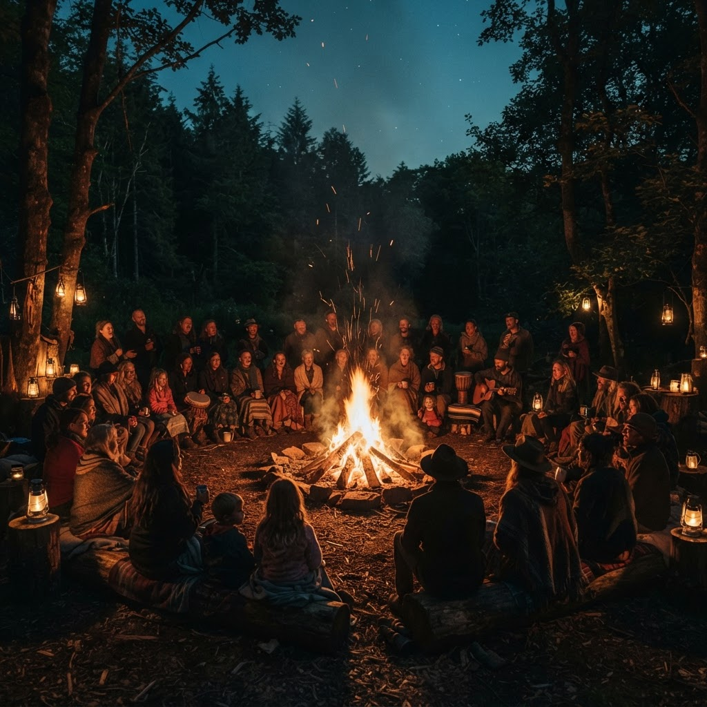 A community gathered around a bonfire at dusk in a forest clearing
