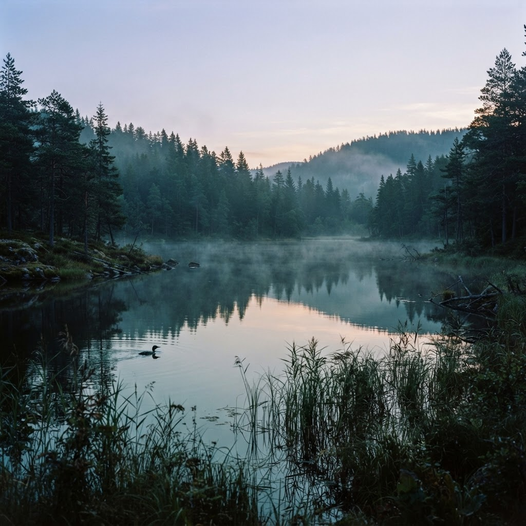 Dælivann, a still forest lake at dawn surrounded by pine forest