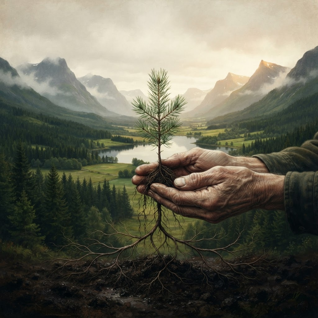 Hands holding a young tree above rich soil in a Norwegian landscape