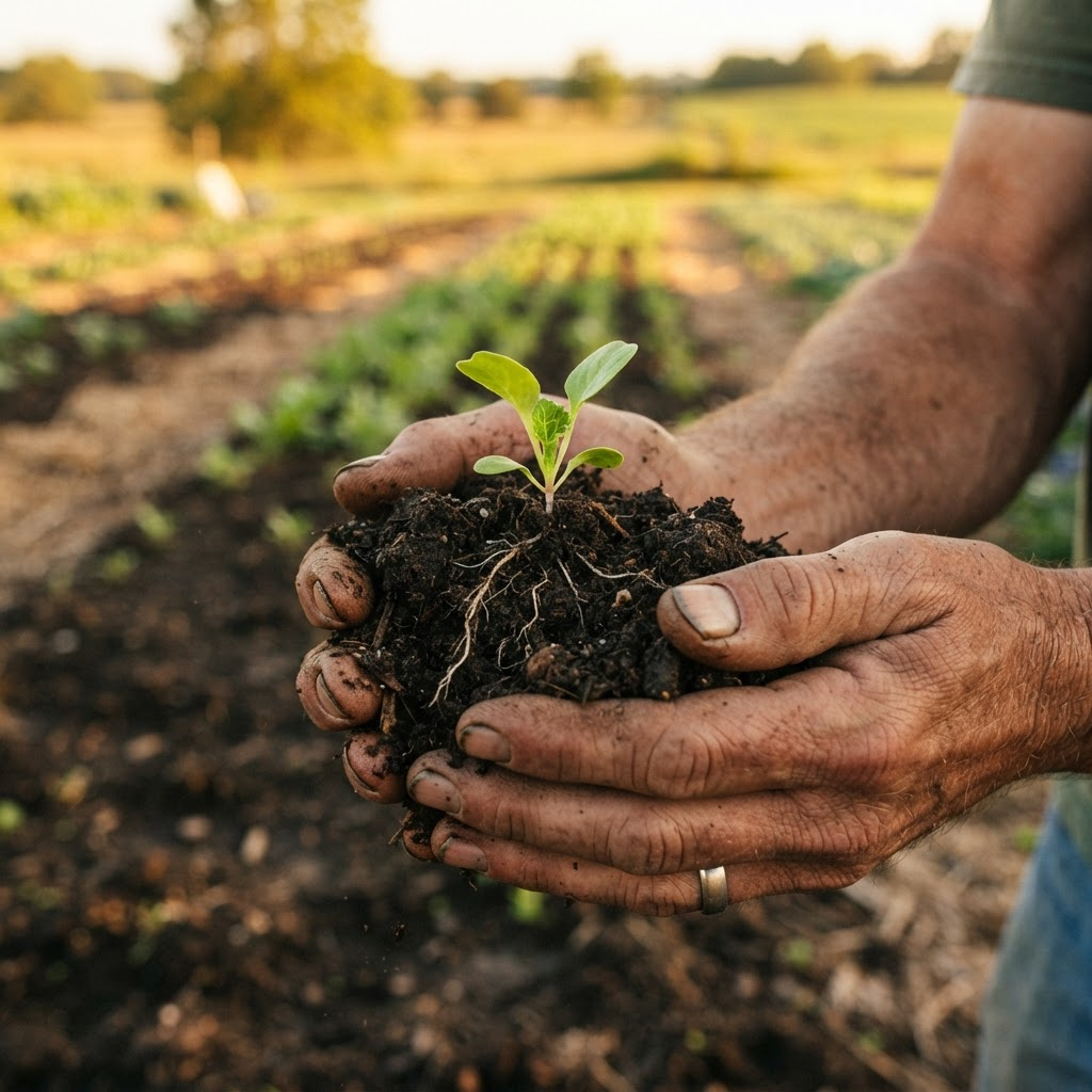 Weathered hands holding rich dark soil with a young seedling